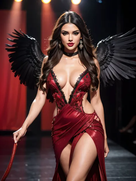 Ultra HD resolution，artistic photos，Professional Photography，Dark LED Background ((21 year very sexy super model on a stage doing a ramp walk, earrings, long brunette messy hair, medium breasts:1.1cold ultra realistic skin, wearing very weird red and black...