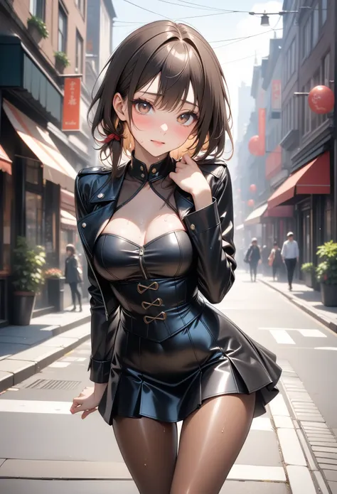 (((In the city))), ((Fashion Model), (((Black Leather Jacket))), (skirt), (pantyhose), corset costume)), , ((Shiny Costumes)), skindentation, skinny, solo, 1 woman, Masterpiece, highest quality, highest quality, 16K, incredibly absurd, highly detailed, 2.5...