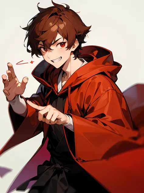 solo, upperbody, 30 years old, young man,wearing a hood, red hoodie, brown short hair, red eyes, red mage robe, magic chanting pose, grin,(white simple background),