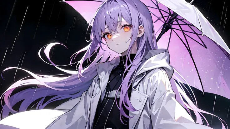 Orange eyes、Light purple hair color、Long Hair、upper body perspective、Just standing、Background with rain falling in a dark place、White coat like a scientist、Looking down with cold eyes、Hold an umbrella