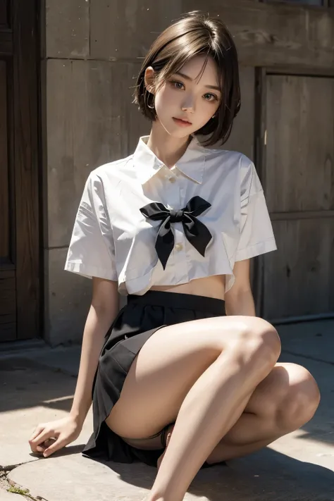 Cute girl is confined and tied up、White panties under a black mini tight skirt、Short sleeve shirt、Sit forward with your feet together、beauty、Age 18、Medium、Cute face、Innocent look、Realistic Face、Her hands are tied behind her back to a pillar with a red rope...