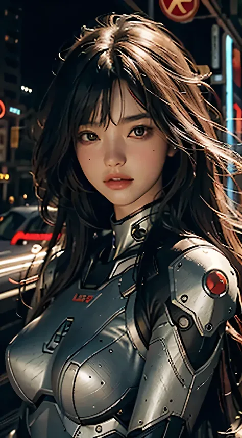 Best image quality，great detail，ultra high resolution，（fidelity：1.4），best illustration，Prefer details，1girl with great cohesion，He has a delicate and beautiful face.，Leaning against the red humanoid mecha，lottalewds large mecha，The background is a scene of...