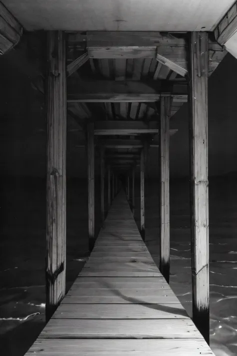 a lonely pier peeking an endless and dark ocean in a terrible night, black and white