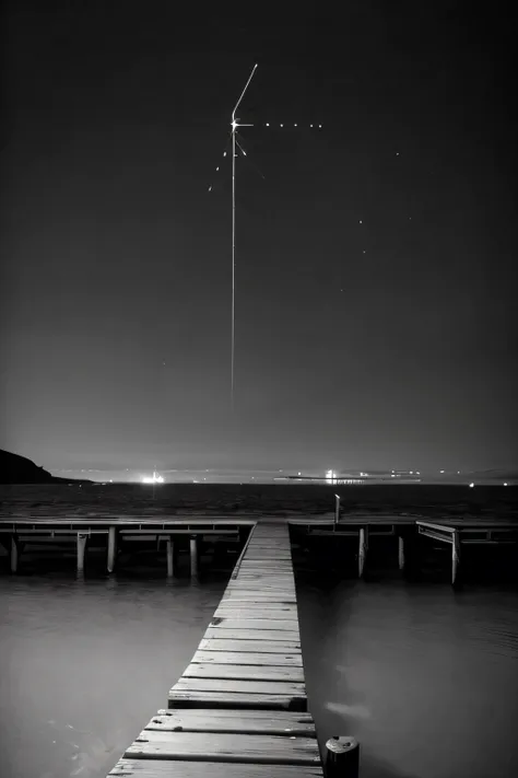 a lonely pier peeking an endless and dark ocean in a terrible night, black and white