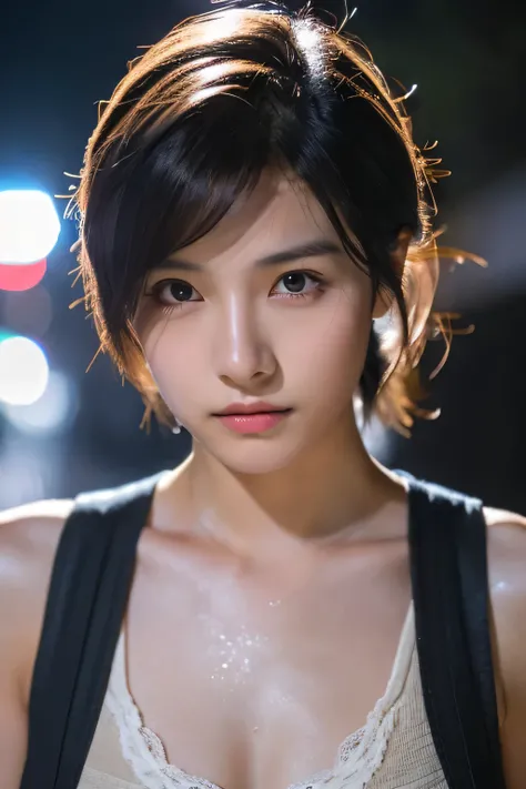 Wet roads ,drenched, Dripping, Wet Face,Wet clothes, Wet Skin, Wet Hair,A young woman with a cute face like a Japanese idol,(Cleavage),((Cinema Lighting),(Natural light),(High level of artistry),(artistic),(Indistinguishable quality from the real thing),RA...