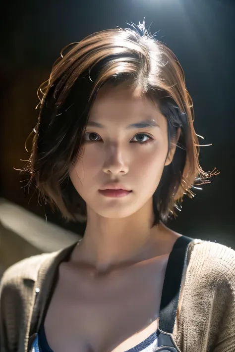 Wet roads ,drenched, Dripping, Wet Face,Wet clothes, Wet Skin, Wet Hair,A young woman with a cute face like a Japanese idol,(Cleavage),((Cinema Lighting),(Natural light),(High level of artistry),(artistic),(Indistinguishable quality from the real thing),RA...