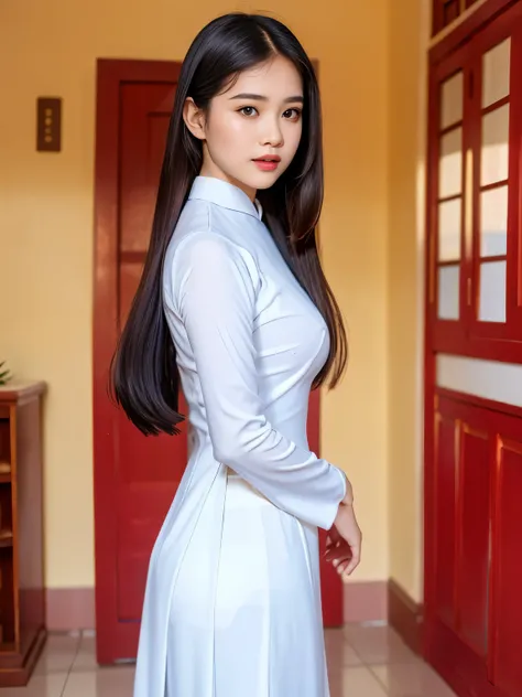 a beautiful young vietnamese girl wearing a traditional white ao dai school uniform, standing in a hallway, (best quality,4k,8k,...