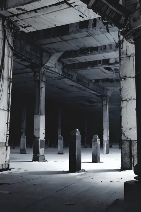 an industrial styled cemetery with open tombs, black and white, purple light