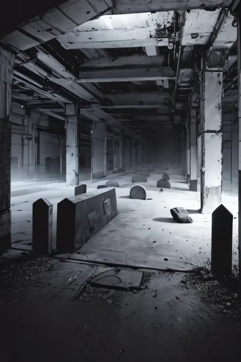 an industrial styled cemetery with open tombs, black and white, purple light