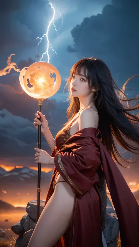 a stunning oriental female mage, sexy, erotic, sensual, long hair with coloured highlights, bangs, wearing  sexy mage robes with...