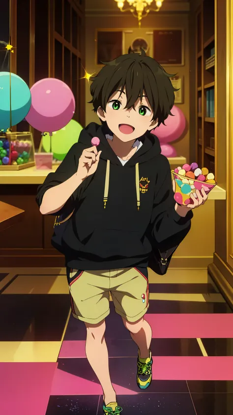 1 boy, brown hair, green eyes, hoodie, random cute face, super happy smiling, open mouth, full body shot, zoom camera, sweet candy , lots of bubbles, glitters, haerts, chocolate, feathers, land of sweets
, anime_coloring,anime_keyvisual, colorful,vivid