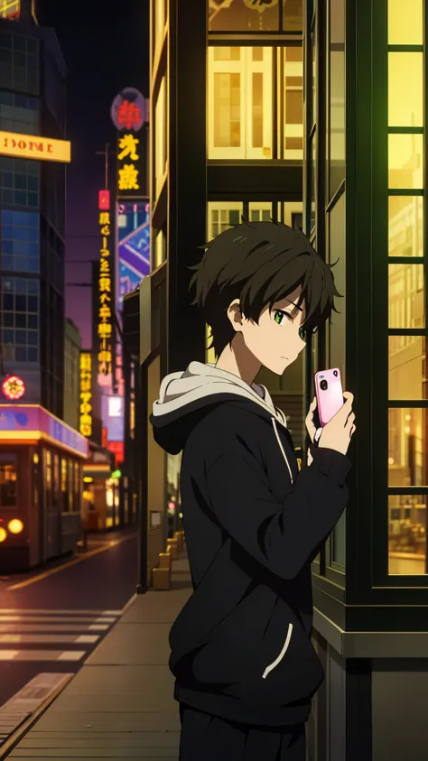 1 boy, brown hair, green eyes, hoodie, random cute face, looking at iphone, closed mouth, side shot, zoom camera, standing against wall , phone in hands, cafe, window, city lights, night room
, anime_coloring,anime_keyvisual, colorful,vivid