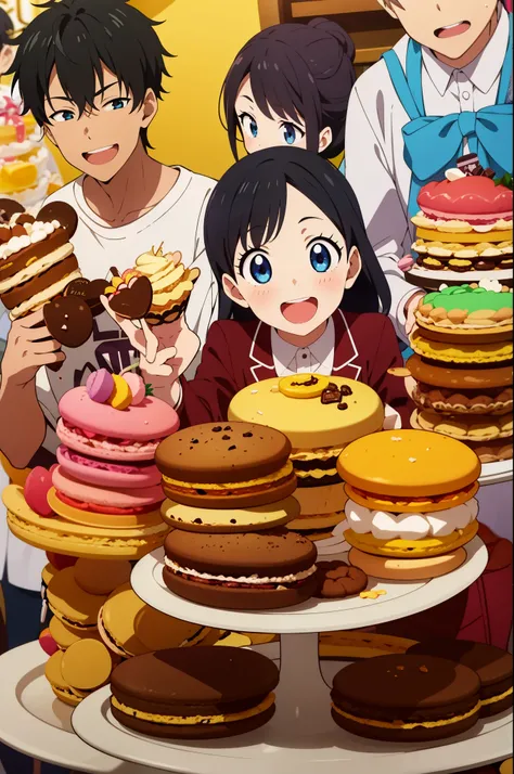 1 boy, black hair, sweet school boy, cute face, super happy smiling, open mouth, group shot, zoom camera, sweet tea , lots of cakes, macarons, chocolates, parfaits, cookies, land of sweets
, anime_coloring,anime_keyvisual, colorful,vivid