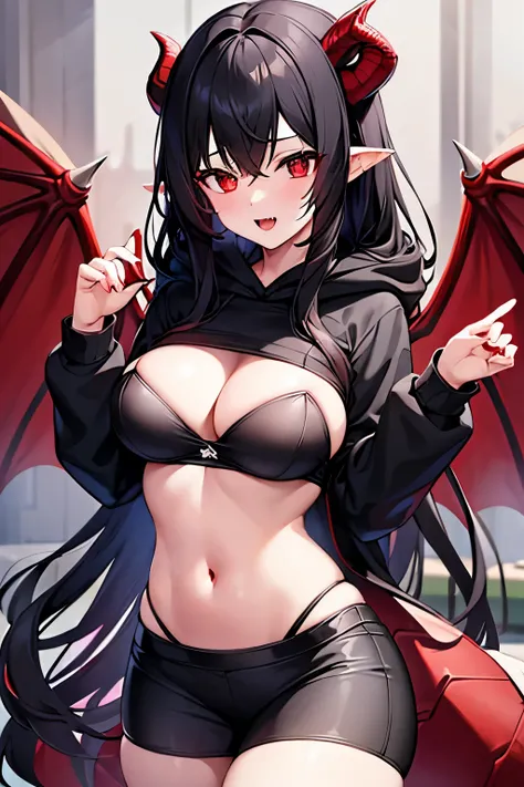 A girl, Red eyes, pale vampire skin, big breasts, dragon horns, Fangs, dragon tail, hoodie negra, by the wide, black hair, 4k, HD