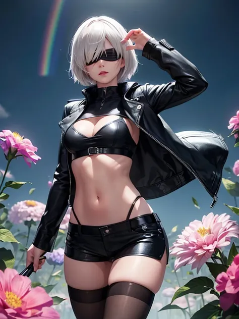 (((Wearing Black Leather Jacket:1.5, Wearing Black Leather shorts:1.1, Wearing Slightly open sheer shirt:1.1, Black knee-length pantyhose:1.1))), highly detailed, Nier Automata character 2b Face, (((silver short hairstyle))), Asymmetrical bangs, ((blindfol...