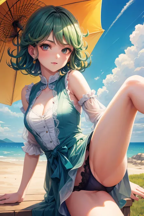 ((best quality)), ((masterpiece)), (detailed), 1girl, tatatsumaki, cowboy view, in pose, looking at the camera, raising the leg, blue sky. artistic style.