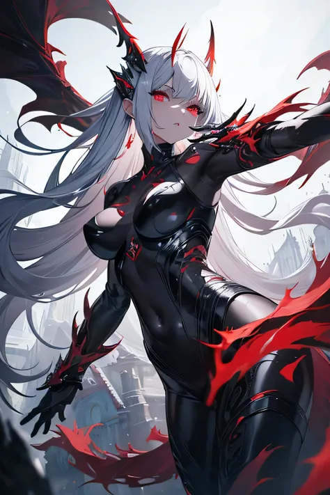 masterpiece, ultra detailed, white and black alien skin, woman, big glowing piercing red eyes, draconic wings, floating in the air confidently, menacing, exposed, dreamy and grungy, thick paint, fine brushstrokes, anime aesthetics, two long serpentine tail...