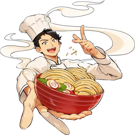 Cartoon chef holding a bowl of noodles and a peace sign, Anime Food, Official Art, Tanjiro, inspired by Tsuruko Yamazaki (Tsuruko Yamazaki), One Punch Man Saitama Chef, gourmet food, Inspired by Kamisaka Snow Flower, Inspired by Zhou Wentianchong, Propagan...