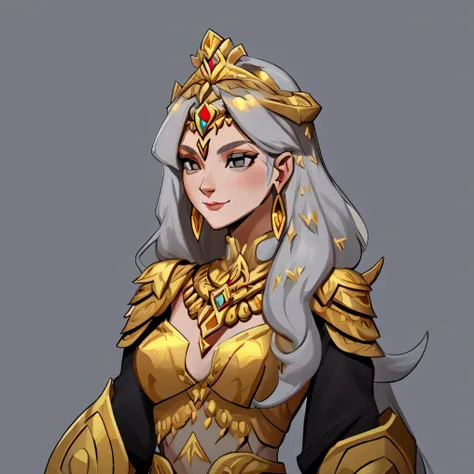 concept art, European and American comics, game character design, junior, Beautiful appearance like a goddess, european woman white long hair, Metal ornaments on the head, gray eyes, gold necklace on neck, ear ring earrings, Shoulder guard on shoulder, Fem...