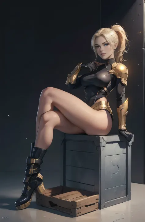 a young blonde girl in a black with gold accent full space armor without a helmet, sitting on a ammo crate one of her leg is up the other leg is resting , PIN Up pose,beautiful blue eyes, detailed muscular body, ponytail hairstyle, full body, beautiful det...