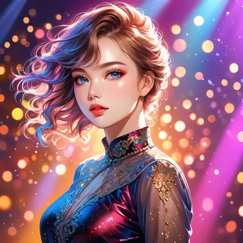 (best quality, highres, realistic:1.37), vivid colors, studio lighting, portraits, bokeh, oil painting, detailed eyes and face, beautiful detailed lips, long eyelashes, youthful appearance, energetic pose, dynamic movement, stage performance, solo performa...