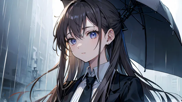 Dark grey and light brown hair、((Long hair tied back))、Showing from the waist up、Black suit draped over shoulders、Wearing a white shirt underneath、black tie、Blue-violet eyes、((Rainy gray background))、Holding a large open umbrella。Beauty、(((Detailed picture...