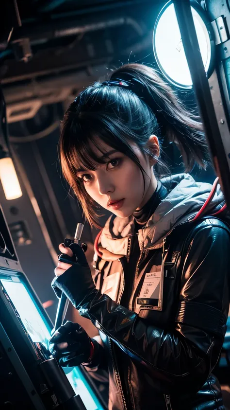 Candid photo of a female engineer repairing the engine of a huge spaceship, Wearing a tight futuristic space suit, masterpiece, (Beautiful and big eyes:1.1), Intricate details, Very complex iris, close, Neon Light, thick smoke, Cyberpunk atmosphere, Flash ...