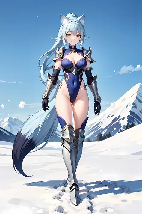 Masterpiece, best quality, 1girl, fox ears, (blue fox ears), fox tail, (blue fox tail), perfect face, perfect body, perfect breasts, long hair, ponytail hair, blue hair, grey leotard, ((transparent, see-through)), ((groin)), pauldrons, shoulder pads, knee ...