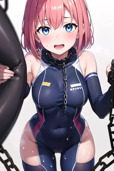 girl,boyish, very short hair, pink Hair, medium Breasts,Black glossy tight suit,Cowboy Shot,blush,sexy face,blue eyes,front leg pose,Tight fit,clearly,Striped pattern, (white background:1.3), BRAKE (sweat:1.5), (steam:1.2), (masturbation:1.2), (girl trembl...