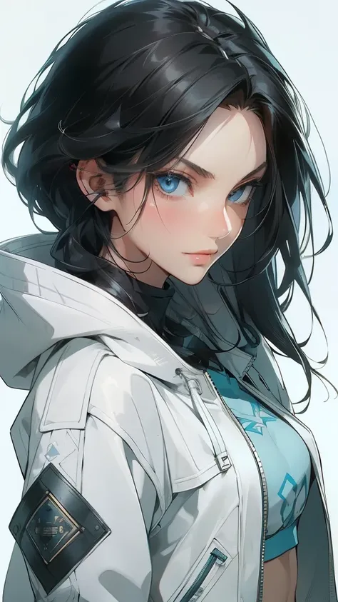 (masterpiece, best quality),Simple Details , thin, ((slim)), Beautiful girl, black hair, White skin, light blue eyes, Sharp jawline, cropped hooded jacket, messy hair, Lips, upper body, smirk