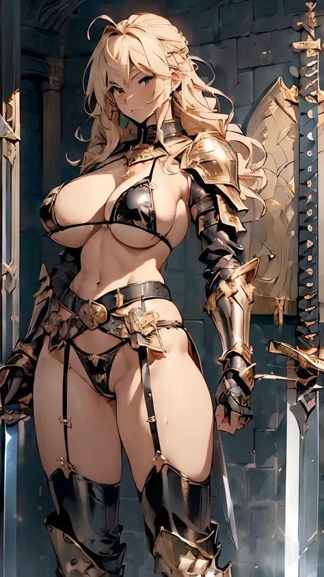 (huge Sword:2.0)、looking at the camera、Blonde Wavy Hair、female knight、Beauty、Detailed face、((Black metallic micro bikini:1.5)、(Gold Belt)、(Black knee-high socks、Black garter belt)、(Gold Armor:1.5)、(Gold boots:1.5)、Black Cape)、((Huge breasts:1.5)、Cleavage、(...