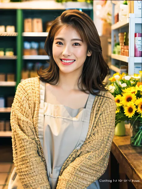 (highest quality、table top、8k、best image quality、Award-winning work)、Beauty of Spain、Spanish face、flower shop clerk、brown eyes、golden and brown hair、beautiful wavy hair、blurred background、The most natural and perfect flower shop interior、The store is decor...