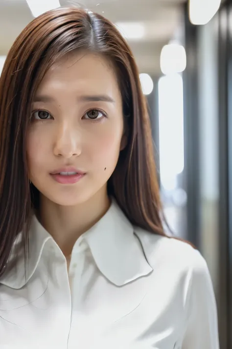 (Highest quality、Tabletop、8k、Best image quality、Award-winning works)、1 Beauty,Great face and eyes, (An ennui look:1.2), (Highly detailed beautiful face), Bright and shiny lips, look at me、(Elegant white office blouse:1.1)、(Face close-up:1.1)、Cinema Lightin...