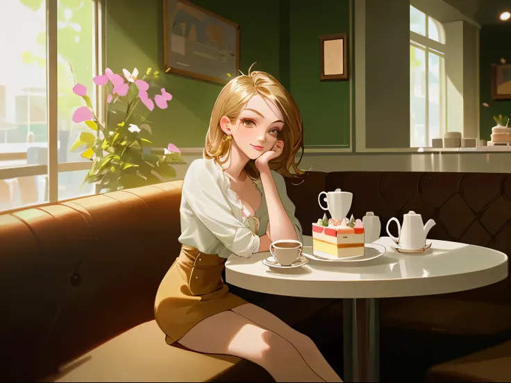 masterpiece, girl, beautiful face, wearing fashion casualwear, best quality, sitting in minimal cafe, flowers on the background, shinning bright lighting, a cake and a cup of coffee on the table