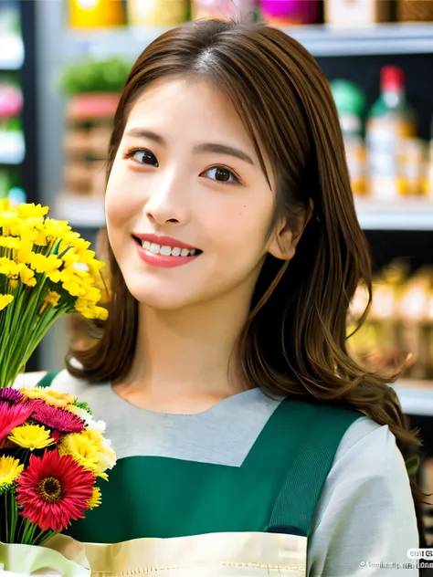 (highest quality、table top、8k、best image quality、Award-winning work)、Beauty of Spain、Spanish face、flower shop clerk、brown eyes、golden and brown hair、beautiful wavy hair、blurred background、The most natural and perfect flower shop interior、The store is decor...