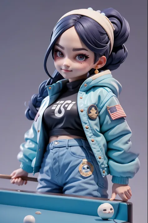 A cool girl sitting on a pool table, pool cue in hand, wearing a blue jacket, black hair, wince, longeyelashes, solid circle eyes, ccurate, braided ponytail, blue hairband, gradient eyes, seductive smile, blind box toy style, high detail, 8k, super detail,...