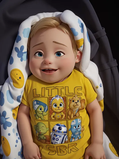 A 3 month old baby with blue eyes, blond short hair, a mustard colored short sleeved shirt with a Star Wars drawing lying on a white blanket with animal drawings 