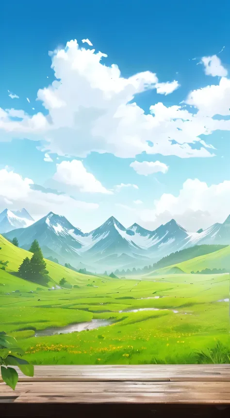 There is a photo of a green field，Close-up of green grass，The distant view is the blurred mountains,White Cloud Scenery—Width 672, beatiful Mountain Background， wallpaper, Landscape Wallpaper, Mountain background, Anime Landscape, Anime rural scenery, airy...