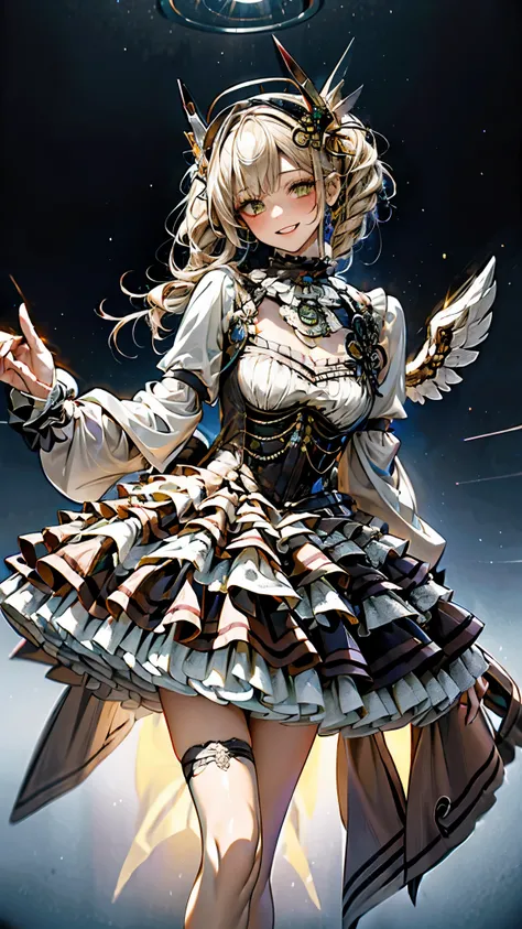Cyborg, Girl, Beautiful girl, Cute, Sexy, Strong, Slender, Delicate, Smile, (Lolita costume), High legs, Metallic, ultra color, paisley, Headgear, mandalas, Near future, Heaven, angel, feater, wing, Helix lamp