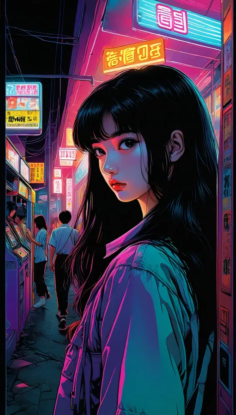 An illustration、art、80s Thai horror movie poster, Supervised by Junji Ito、(high school student:1.25)、night、Arcade、Attention to detail, Realistic Shadows、Analog Style, chromatic aberration, Surrealism、Complementary Gradient