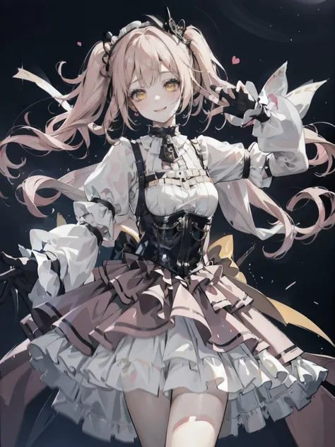 (1girl)wearing a skirt, best quality, looking at the audience,,colorful,light sweetlolita at bedroomgothic gothic interior, yellow dress fabric,  heart shape on cheek, blush pink makeup, gloves, smile, pastel color, ornate,
