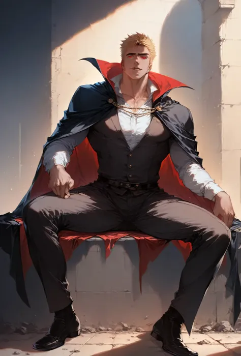 muscular mature man, confident face, detailed face, detailed body, short hair, realistic, manly face, full body, open legs, blonde hair, red eyes, vampire, black cape, hallowen background, perched on building,
