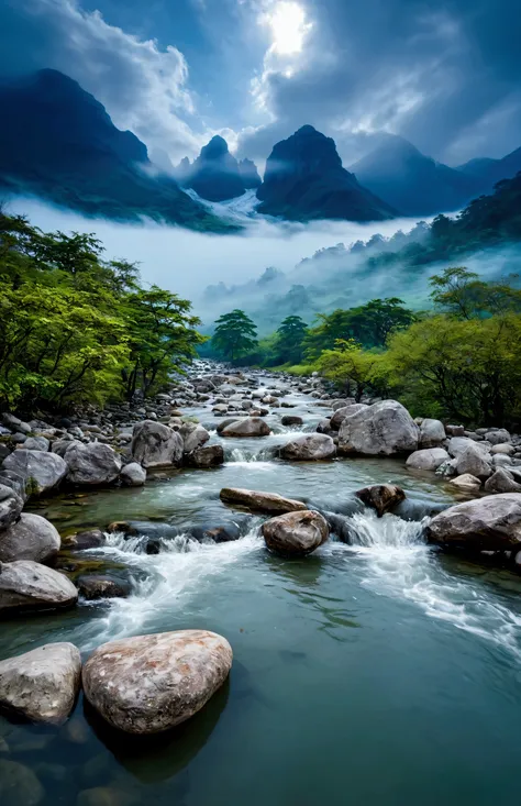 Stream water is clear and transparent，The stones in the stream are smaller，The whole picture is surrounded by clouds and mist，There are several bare rock mountains behind,Clouds and mist，Spectacular
