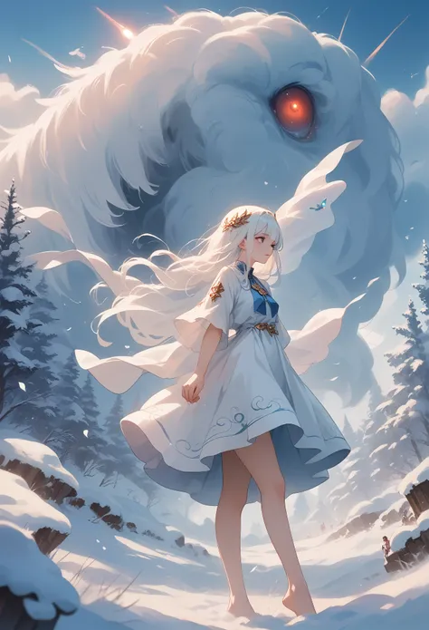 anime girl with long white hair and blue dress in the snow, white-haired deity, white hair floating in the air, anime fantasy il...