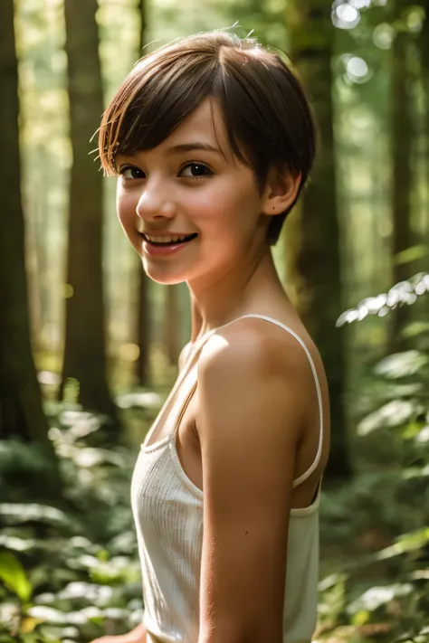 beautiful girl, (((((small)))), showing face, protruding tongue, short hair, brown, 8k, professional photography, delicate, clear, in the forest, sun, light leakage, masterpiece, (beautiful)))), (reality)))), smile, fantastic, angel, young,  wearing stylis...