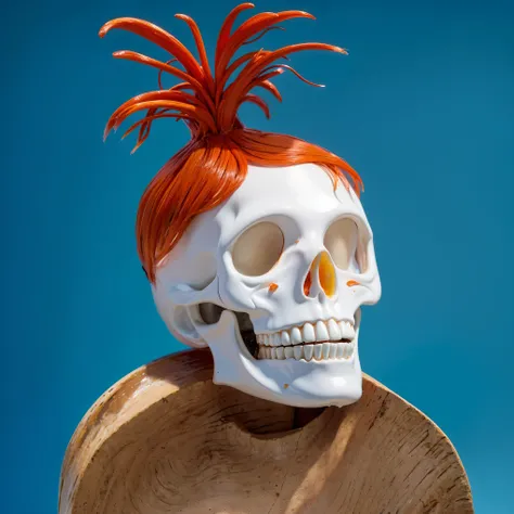 This image presents a striking and humorous juxtaposition—a human skull adorned with vibrant, fiery orange hair that erupts from the top of the cranium in wild, spiky tufts. The skull itself is meticulously detailed, showing the hollow eye sockets, nasal c...