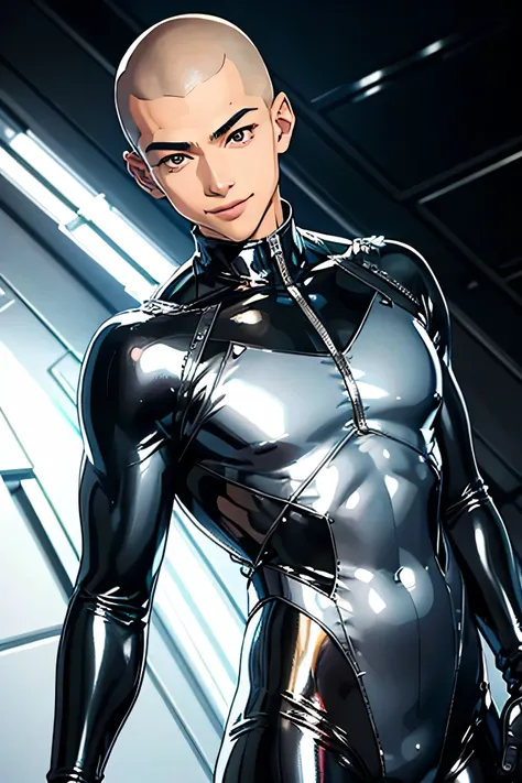 Handsome Japanese male models　　Black Hair　　 Shaved head　　　16 years old　　Kawaii Boy  　　smile　　　looking at the camera　Shiny full-body silver suit　　　Shiny silver latex suit　　　future　Metal Body　　 Upper body close-up