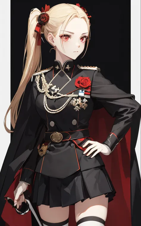 ((masterpiece)), Highest quality, (ultra-detailed), (Anime Style),1girl, vampire, (butter blonde hair, twintail hair:1.3). (forehead, slicked back hair:1.3), (Red flower hair ornament), (Red eyes), medium breast, age19, (German military uniforms), (Black c...