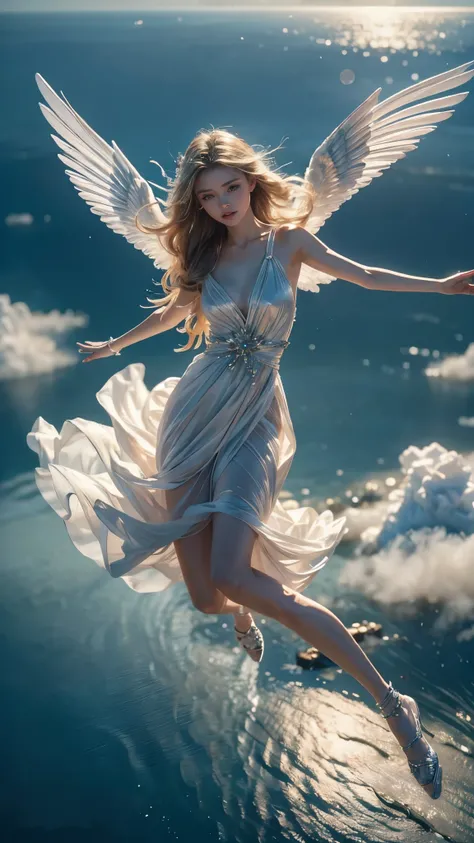 ((A serene summer scene with an ultra-high-definition, realistic angel flying gracefully in the sky)), The angel is facing towards the camera with lifelike facial features and detailed textures, The angel has intricately detailed white wings, fully extende...