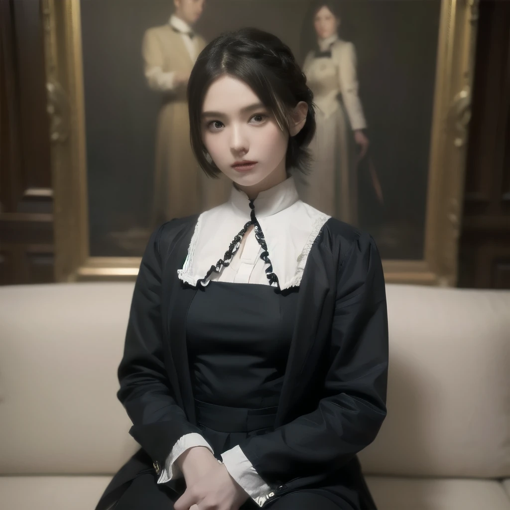 (Highest quality, 16K, masterpiece, Ultra-high resolution, Victorian, Realistic: 1.2), 1 girl, Devil Costume, Cassock, Cowboy Shot, One-length bob cut braided hair clip on front, cute, Neat, Disconnect, Heroine&#39;s Attributes, Artistic shading, （Maid clo...